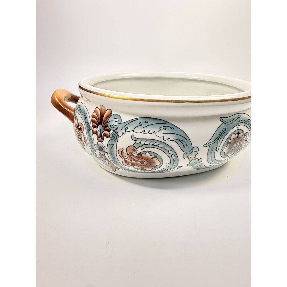 Jardiniere Planter Pot Hand Painted Handled Ceramaic Teal Brown Home Decor Decor - Picture 3 of 16